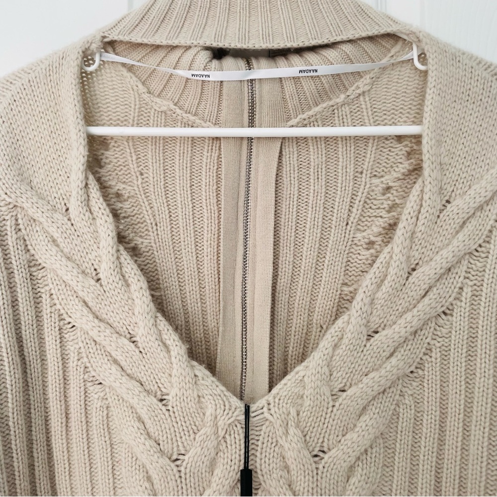 SOLD NAADAM Wool-Cashmere Open-Back Cable Quarter-Zip Taupe Linen Sweater NEW - Picture 8 of 10